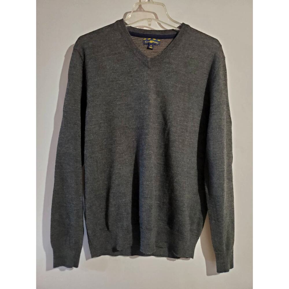 Club Room Men's M Merino Wool Blend V-Neck Preppy Collegiate Gray Sweater
